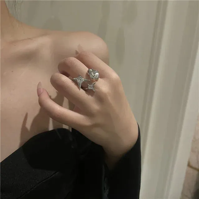 Y2K Crystal Rings Kpop Heart Adjustable Ring Irregular Geometry Punk Vintage Rings Set for Women Girls