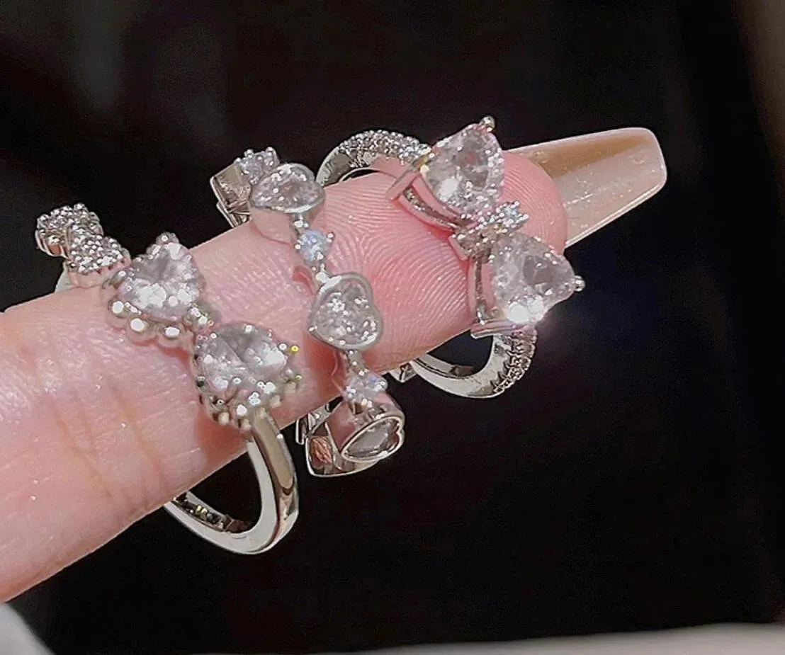 Y2K Crystal Rings Kpop Heart Adjustable Ring Irregular Geometry Punk Vintage Rings Set for Women Girls
