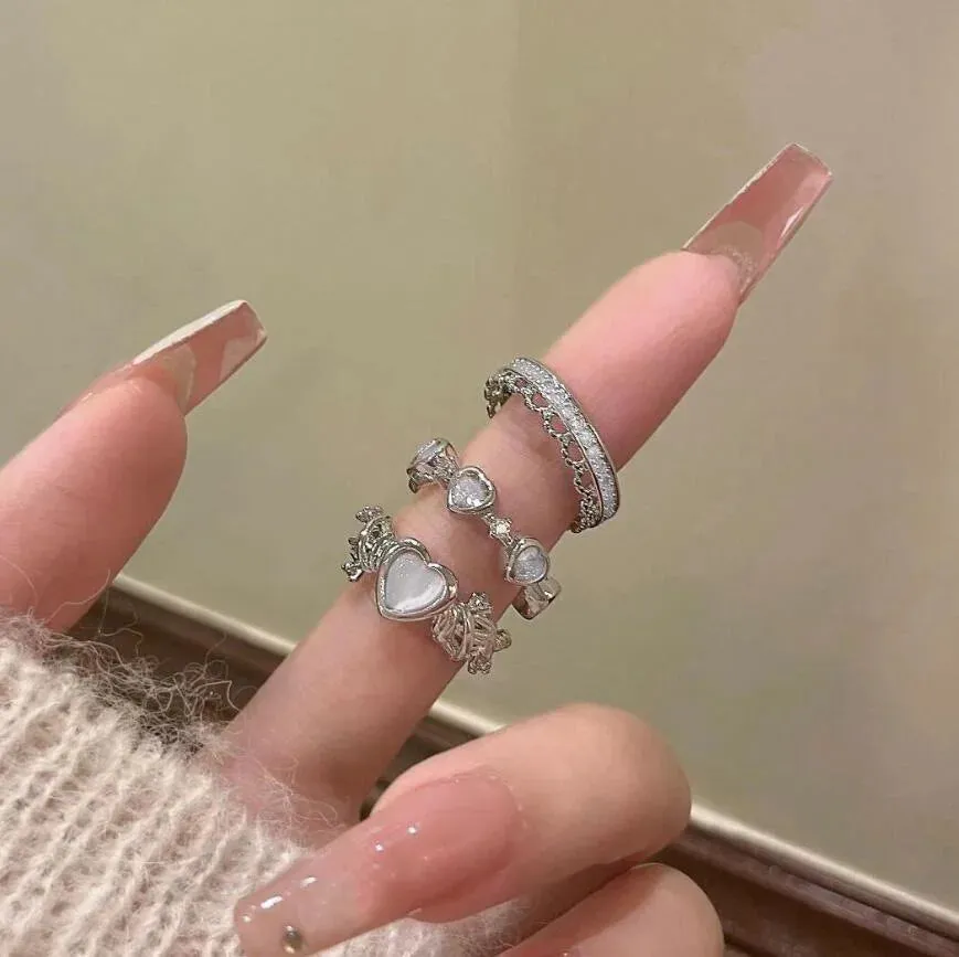 Y2K Crystal Rings Kpop Heart Adjustable Ring Irregular Geometry Punk Vintage Rings Set for Women Girls