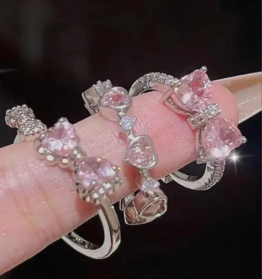 Y2K Crystal Rings Kpop Heart Adjustable Ring Irregular Geometry Punk Vintage Rings Set for Women Girls