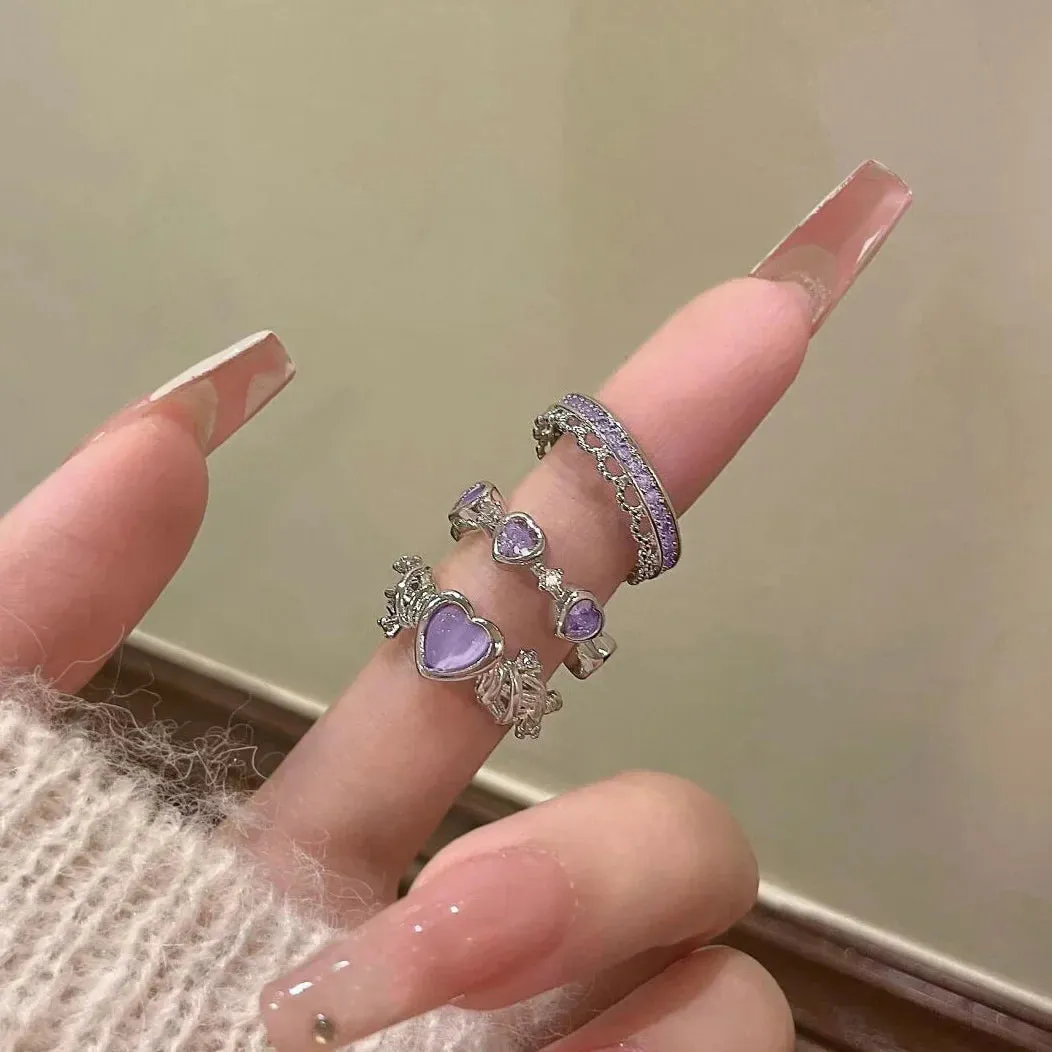 Y2K Crystal Rings Kpop Heart Adjustable Ring Irregular Geometry Punk Vintage Rings Set for Women Girls