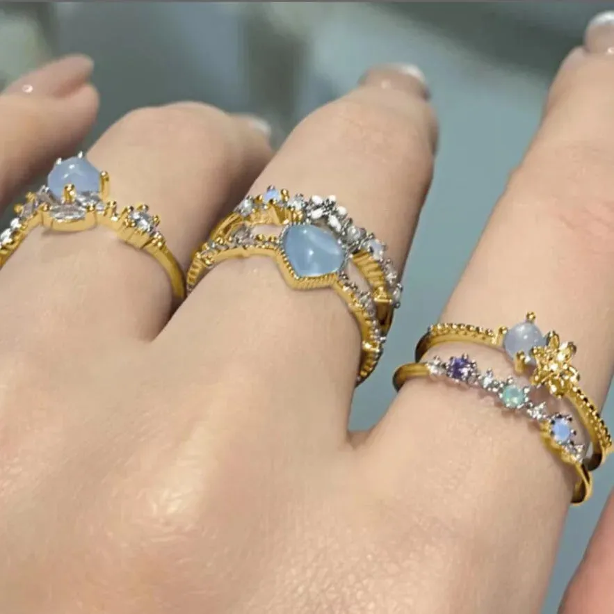 Y2K Crystal Rings Kpop Heart Adjustable Ring Irregular Geometry Punk Vintage Rings Set for Women Girls