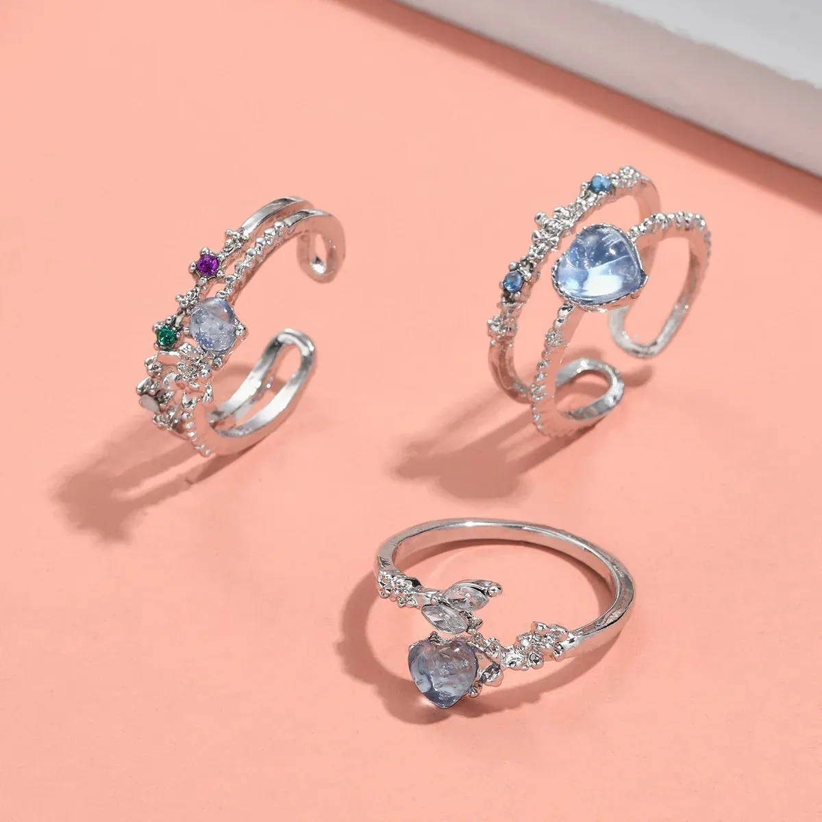 Y2K Crystal Rings Kpop Heart Adjustable Ring Irregular Geometry Punk Vintage Rings Set for Women Girls