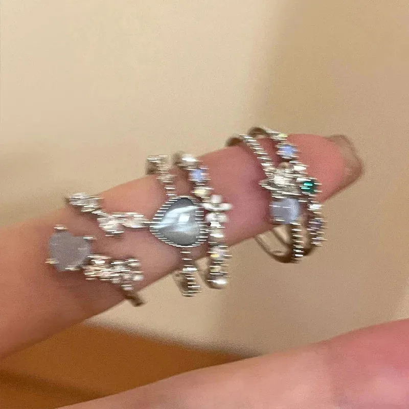 Y2K Crystal Rings Kpop Heart Adjustable Ring Irregular Geometry Punk Vintage Rings Set for Women Girls