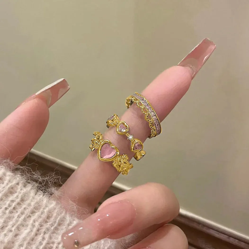 Y2K Crystal Rings Kpop Heart Adjustable Ring Irregular Geometry Punk Vintage Rings Set for Women Girls