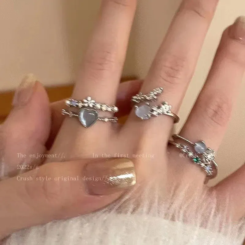 Y2K Crystal Rings Kpop Heart Adjustable Ring Irregular Geometry Punk Vintage Rings Set for Women Girls