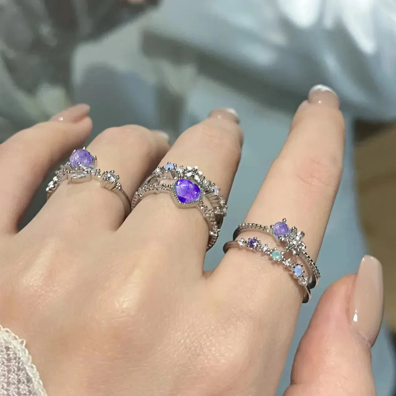 Y2K Crystal Rings Kpop Heart Adjustable Ring Irregular Geometry Punk Vintage Rings Set for Women Girls
