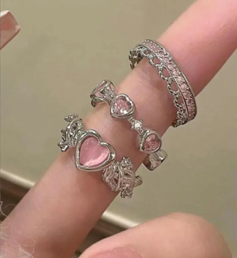 Y2K Crystal Rings Kpop Heart Adjustable Ring Irregular Geometry Punk Vintage Rings Set for Women Girls