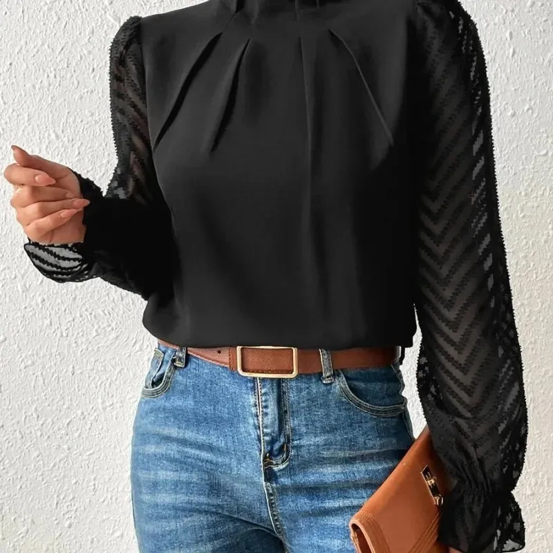 Yannie- Women's Patchwork Wave Pattern Pullover Chiffon Blouse
