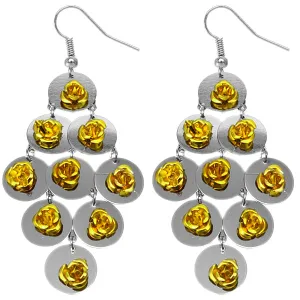 Yellow Flat Disc Floral Dangle Earrings