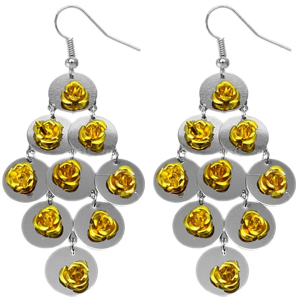 Yellow Flat Disc Floral Dangle Earrings